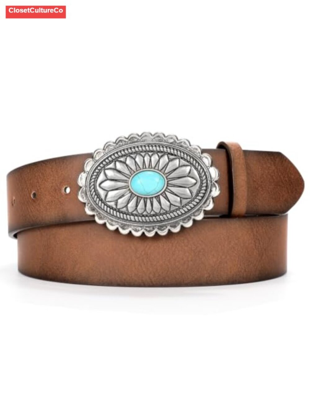Western Leather Belt with Turquoise Concho Buckle Adjustable Cowgirl